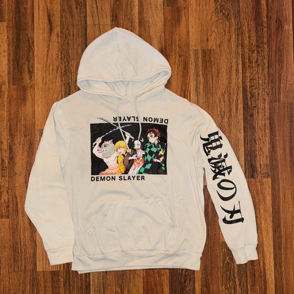 Demon Slayer Kimetsu no Yaiba Anime Graphic Hoodie Cream Mens XL Tanjiro Nezuko